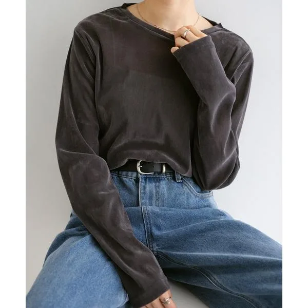tシャツ 「新色追加」ベロアチュールクルーネック長袖トップス レディース