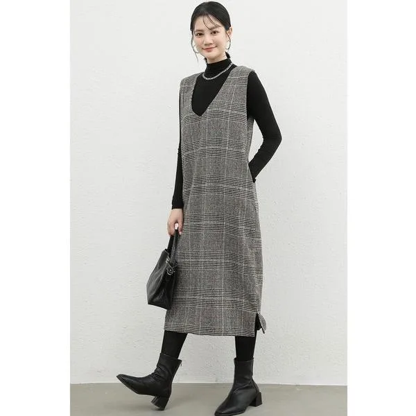 ワンピース ワンピース ロングワンピース ロング丈 ミディアムワンピース ミディアム Vネック グレンチェック レディース 秋 冬 スリット かわいい