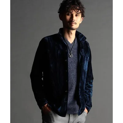 シャツ ストレッチプリーツベルベット スタンドシャツ メンズ