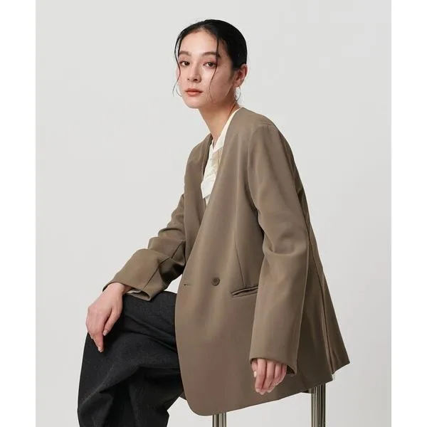 ジャケット ノーカラージャケット 入学式 卒業式 「WEB限定 Wardrobe DAILY MINIMAL」ダブルクロス カラーレスジャケット ウォッシャブル レディース