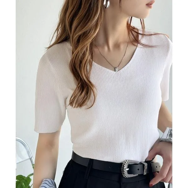 tシャツ 半袖 晩夏から秋まで使える♪華奢見え上品トップスVネックハーフスリーブリブニット レディース