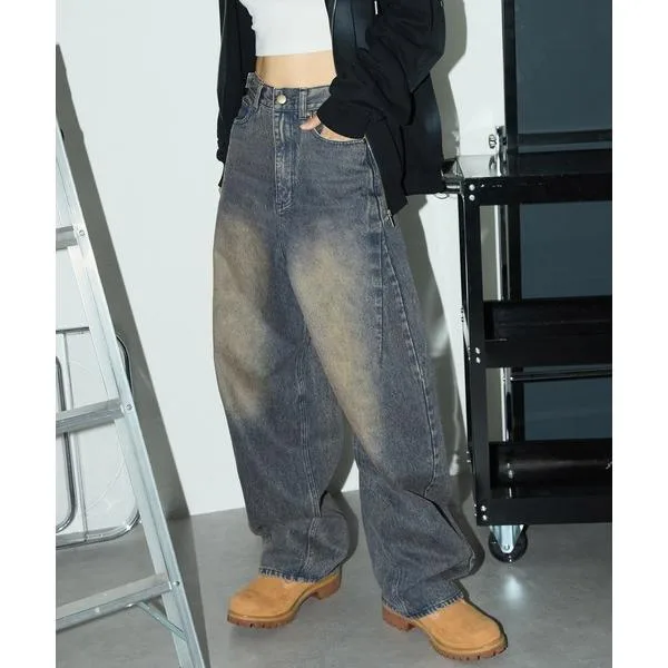 ワイドパンツ ジーンズ デニム デニムパンツ ヴィンテージオーバーダイ加工バレルデニムパンツ レディース メンズ