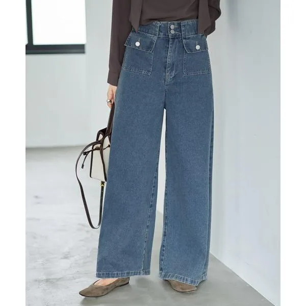 ワイドパンツ ジーンズ デニム デニムパンツ ポケットデニムバギーパンツ レディース