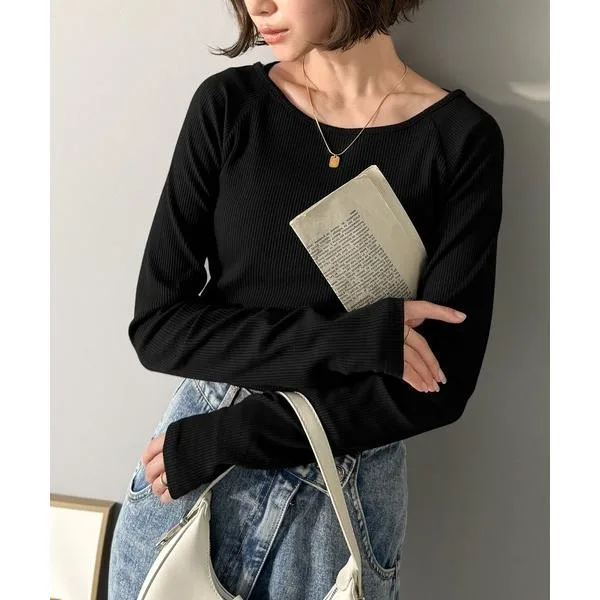 tシャツ デコルテラインを美しく演出。クルーネックリブトップス(長袖) レディース