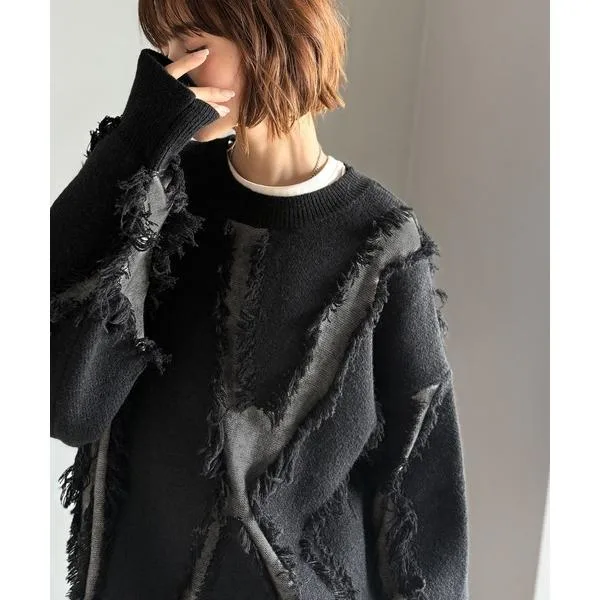 ニット セーター 厚手 「26AW新色2色登場!」ゆるっとこなれ感男女兼用可♪フリンジ配色オーバーニット(長袖) レディース メンズ
