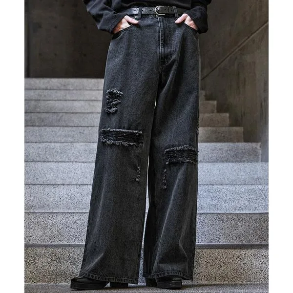ワイドパンツ ジーンズ 「CLEL」Veiled Damage Denim / ヴェイルドダメージデニム メンズ レディース
