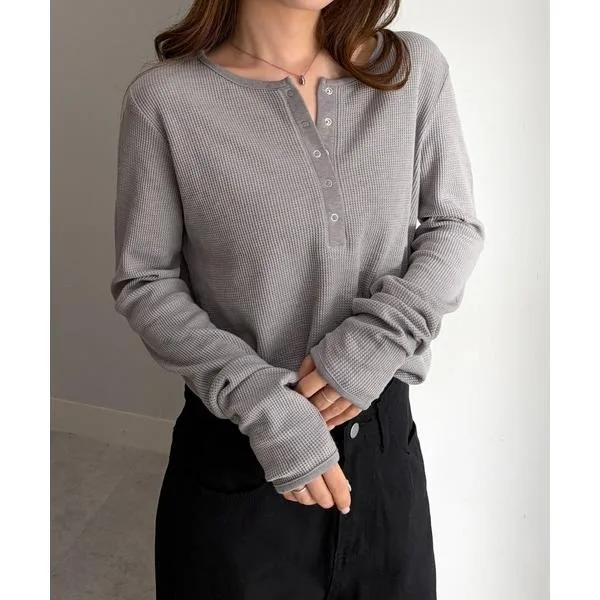 ヘンリーネック tシャツ ヘンリーネックワッフルロングTシャツ レディース