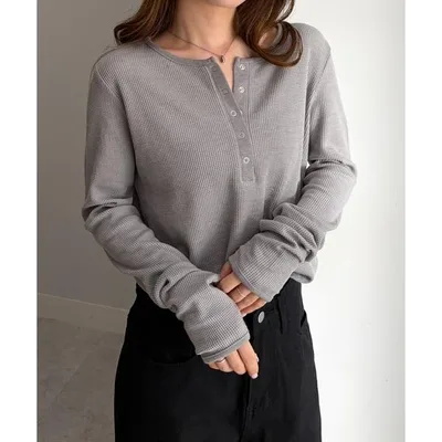 ヘンリーネック tシャツ ヘンリーネックワッフルロングTシャツ レディース