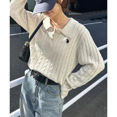 ニット セーター ケーブル 「26AW新色追加」RANAN/solleim別注「U.S.POLO ASSN.」刺繍長袖ケーブルポロニット レディース