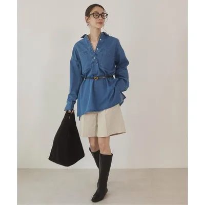 ブラウス シャツ 襟が選べる デニム チュニック シャツ (バンドカラー/レギュラーカラー) レディース