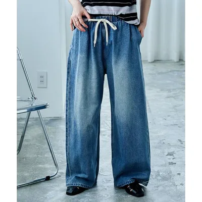 ワイドパンツ ジーンズ デニム デニムパンツ 「待望の再入荷!」「低身長サイズあり」ウォッシュ加工 イージーデニムパンツ レディース
