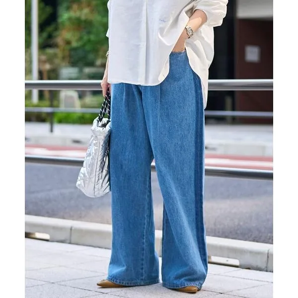 ワイドパンツ ジーンズ デニム デニムパンツ サイドライン タックワイドデニムパンツ レディース