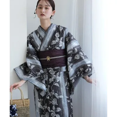 Yukata 2-piece yukata set, ink and gray-blue blurred stripes, women's