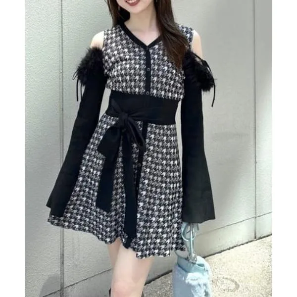 ワンピース many wayフェイクファージャガードミニニットワンピース 秋服