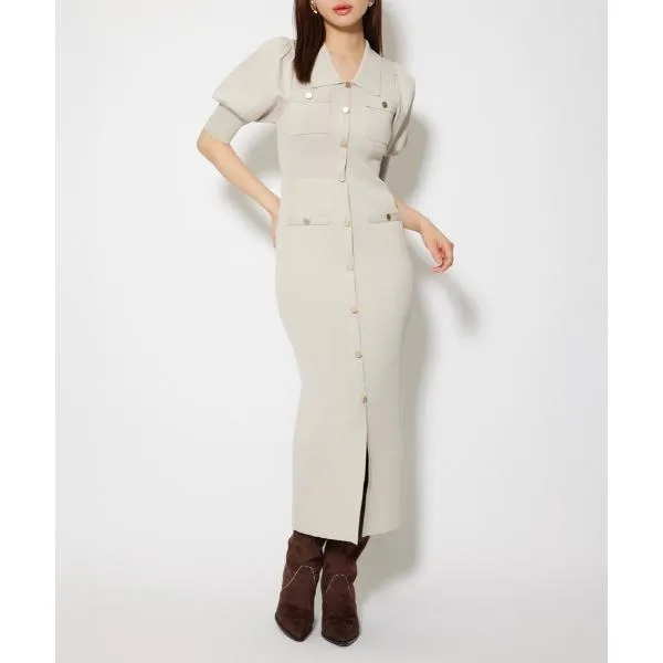 ワンピース 夏 半袖 パフスリーブニットタイトワンピース 秋服 サマーニット