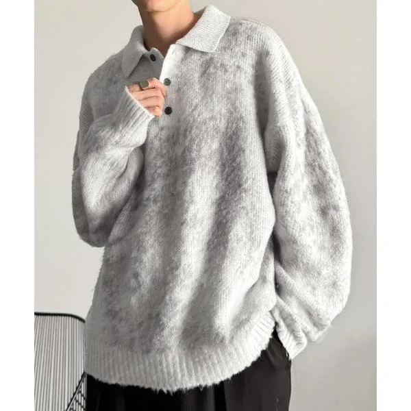 เสื้อสเวตเตอร์ถักหนา "เหมือนผ้าห่ม" Mohair-Like Shaggy Knit เสื้อโปโลผู้ชายขนาดใหญ่ถักเสื้อโปโล/Mohair-Like Shaggy Knit เสื้อโปโลผู้ชาย