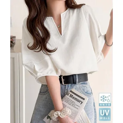 ブラウス シャツ 夏 半袖 「UVカット、接触冷感、吸水速乾、防シワ機能付き」ふんわりスリーブで華奢見え叶う♪前後2way配色ステッチランタンスリーブブラ…