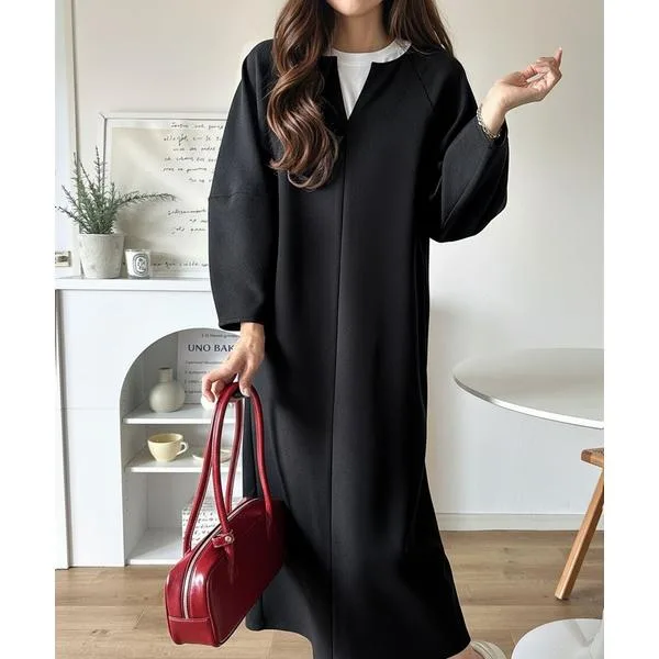 ワンピース 清楚にフェミニン、品よく抜け感。ランタンスリーブキーネックワンピース(ロング丈)