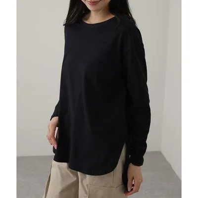 tシャツ クルーネック ラウンドヘム 長袖 カット プルオーバー レディース