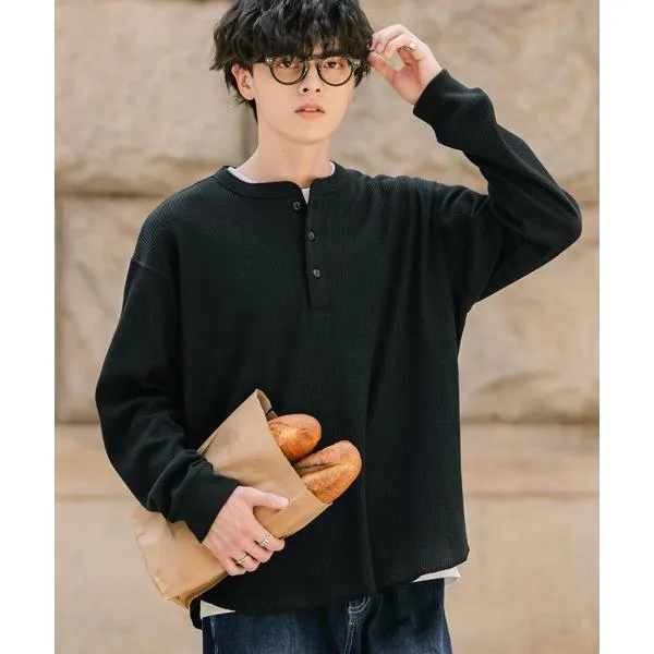 ヘンリーネック tシャツ 新色追加 オーバーサイズ T/Cワッフルヘンリーネック長袖Tシャツ メンズ レディース