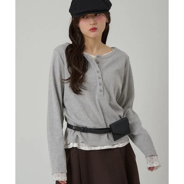 ヘンリーネック tシャツ henley neck layered long sleeve t-shirt / ヘンリーネックレイヤードロングTシャツ レディース