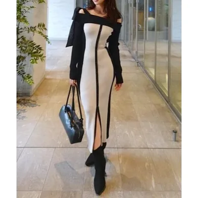 ワンピース バイカラーオフショルリボンニットワンピース 秋服 冬服