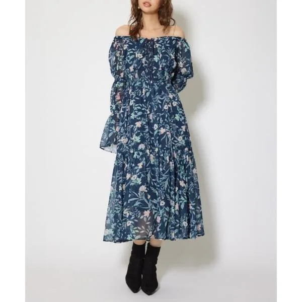 ワンピース レースアップフラワーパターンフレアワンピース 秋服 冬服