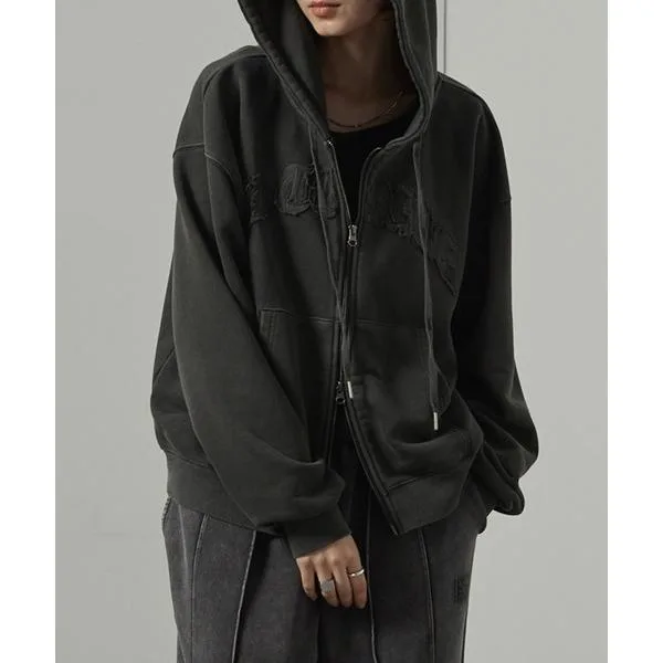 パーカー 「Alfred Alex」Vintage Patch Double Zip Hoodie/ヴィンテージ加工 ピグメント パッチロゴ ダブルジップパーカー メンズ レディース