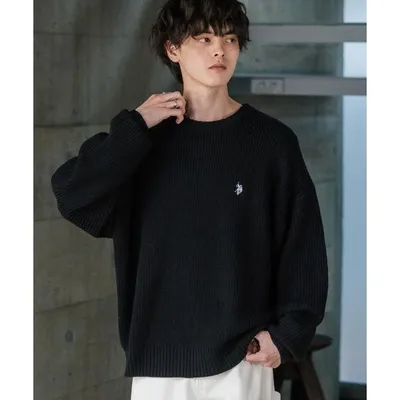 セーター ニット 新色追加 U.S. POLO ASSN. ユーエスポロアッスン 別注コラボ オーバーサイズワンポイントロゴ刺繍畦編みクルーネック長袖ニットセーター