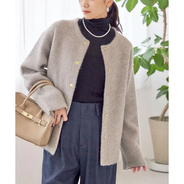 ノーカラーコート コート フォックス ブレンド ノーカラー ニット コート レディース