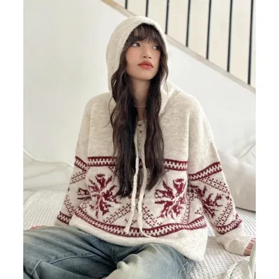 ニット セーター 26AW(秋冬)フード付き ノルディック プルオーバーニット レディース