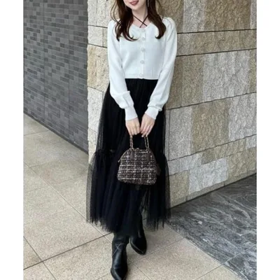 ワンピース ニットカーディガンセットドットチュールフレアワンピース 秋服 冬服