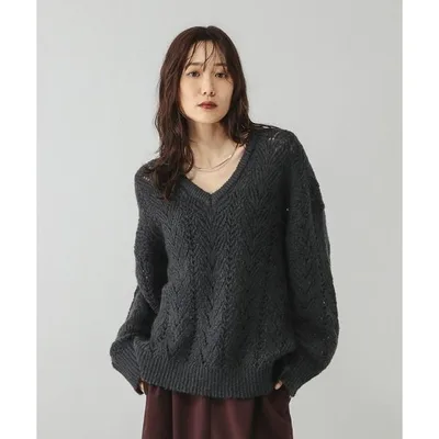 ニット セーター モヘヤタッチ透かし編みVネックプルオーバー/599493 レディース