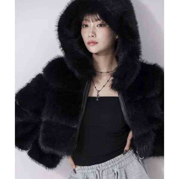 コート アウター 「 3color 」フェイクファーフーディショートコート / fake fur hoodie short coat レディース
