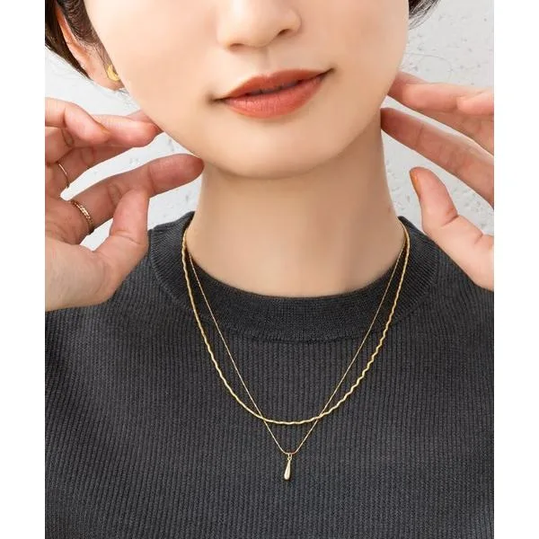 アレルギー対応 ネックレス 「金属アレルギー対応」華奢ドロップ&ナミナミ/オーバルの2セットネックレス レディース