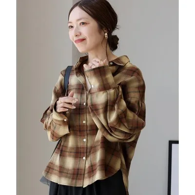 ブラウス シャツ 起毛チェック袖タックシャツ レディース