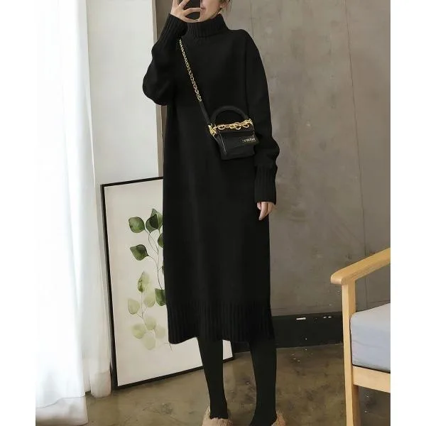 ワンピース ハイネックニットワンピースゆったり秋冬服