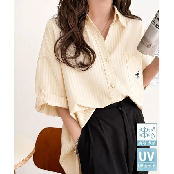ブラウス シャツ 夏 「接触冷感・吸水速乾・UVカット・防シワ機能付き」愛されレトロムードな大人カジュアル♪ドビーストライプロールアップシャツ(半袖)