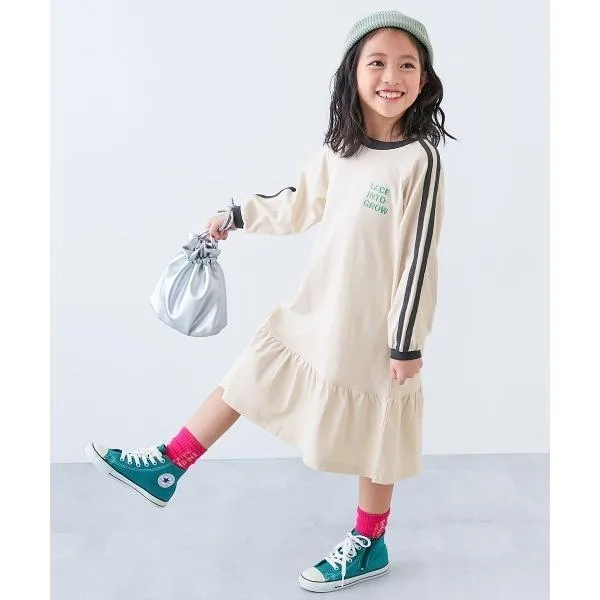 ワンピース 裾フリル サイドラインレース 長袖ワンピース キッズ 子供服 女の子