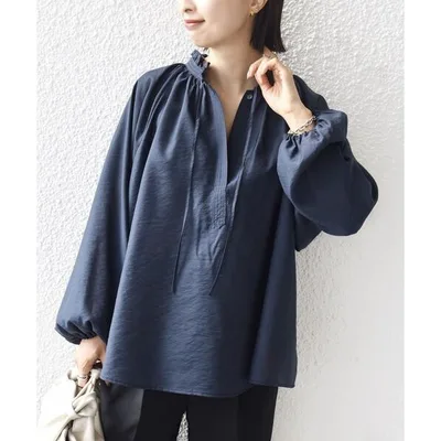 เสื้อเบลาส์ "Hand Washable" Sheer Tumbler Ribbon Design Long Sleeve Blouse Women's