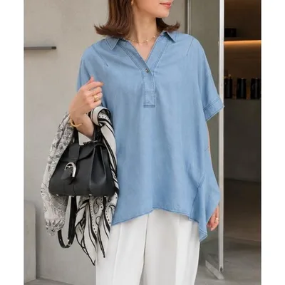 ブラウス シャツ 半袖 デニムバックコクーンスキッパーシャツ レディース