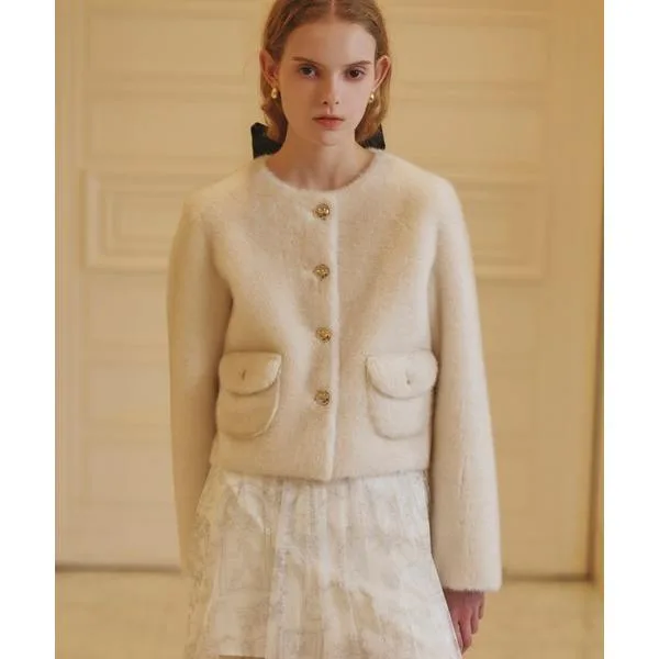 ジャケット ノーカラージャケット EM GOLD BUTTON FAUX FUR JACKET レディース