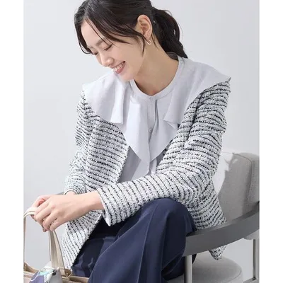 ジャケット ノーカラージャケット 入学式 「セレモニー/洗える」ミックスツイードライトジャケット レディース