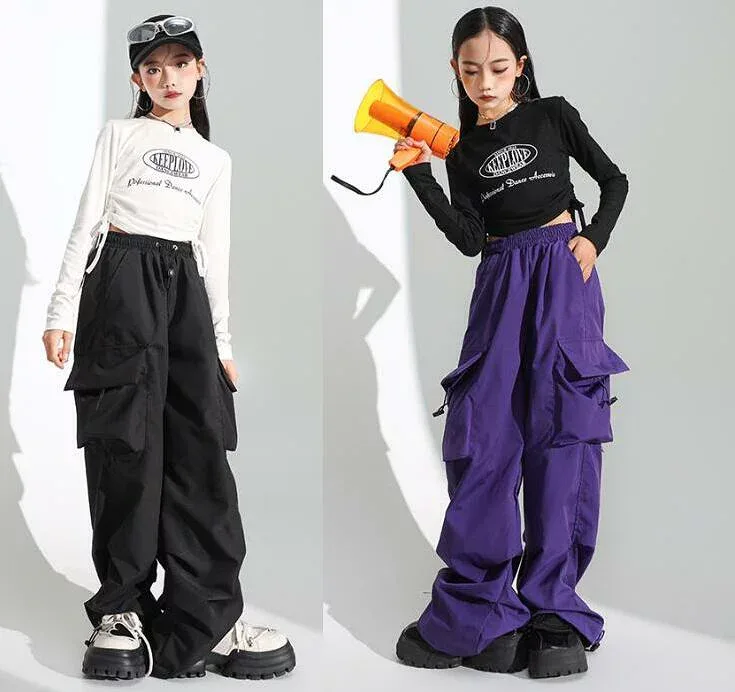 女の子ダンス衣装 チアガール 臍出し長袖tシャツ サルエルパンツ 春秋服上下2点セット 女の子ヒップホップジャズダンスウェア キッズ舞台演出服 ステージダンス服 イベント コスチューム 学園祭