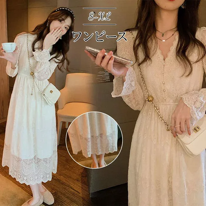ワンピース レースワンピース ロング丈 レディース Vネット 体型カバー 長袖 シンプル カジュアル きれい ロングワンピース ウエスト 着痩せ ゆったり 着痩せ きれい エレガント 通勤 二次会 卒業式 プレゼント 春 夏 秋 冬 20代 30代 上品 大人