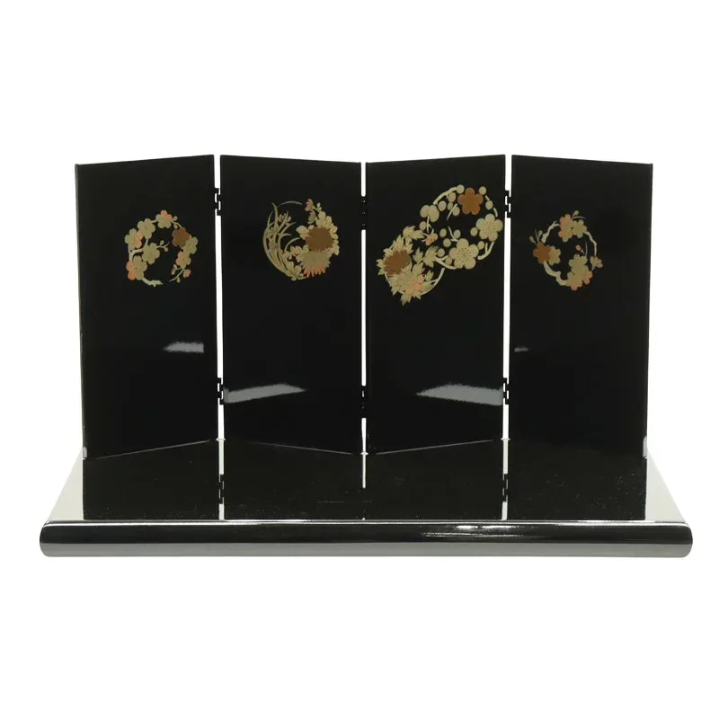 アウトレット品 インテリア 台屏風セット 60cm 花丸 黒塗り 四曲屏風 幅60cm (25a-ya-0516) 雛人形 ディスプレイ 見切処分品