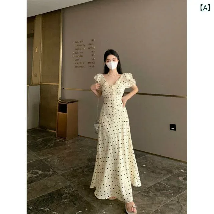 ワンピース レディース ドット柄 パフスリーブ ロング丈 Vネック 切り替え ウエストマーク Aライン 透け感 涼しい 通気性 お出かけ デート 旅行 きちんと感 楽ちん 着痩せ効果 シフォン風素材
