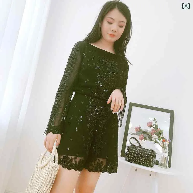 オールインワン レディース 刺繍レース タッセル付き スパンコール コンビネゾン オフショルダー ドレス パーティードレス 結婚式 二次会 お呼ばれ 華やか エレガント ノースリーブ シルエットが綺麗な