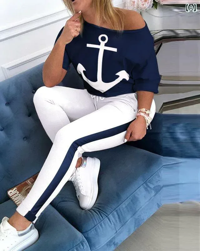セットアップ レディース 半袖 トップス ショートパンツ 2点セット 海軍風 アンカー柄 プリント 夏服 カジュアルウェア 部屋着 普段着 上下セット 通気性が良く動きやすい スポーツウェア