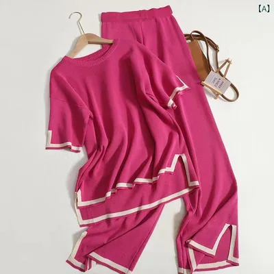 セットアップ レディース ニット 半袖 ショート丈 トップス ハイウエスト ワイドパンツ 上下2点セット 異素材配色 スリット入り 薄手 通気性 体型カバー 着回し力 動きやすい 通勤 通学 春夏秋